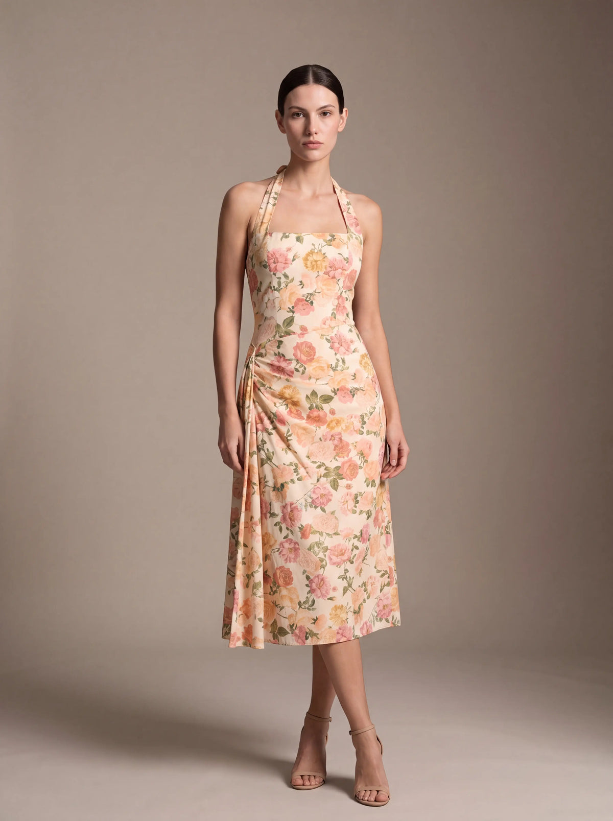 JOLANDA | SQUARE NECK HALTER MIDI DRESS - Peach Floral