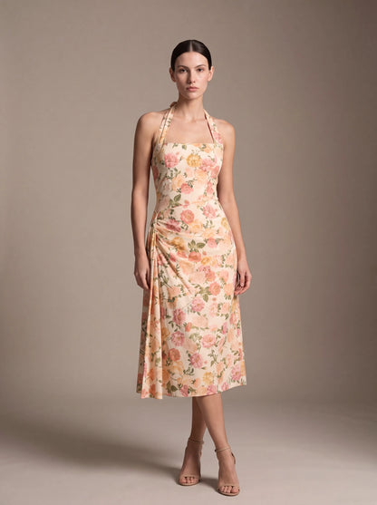 JOLANDA | SQUARE NECK HALTER MIDI DRESS - Peach Floral