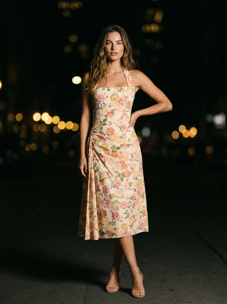 JOLANDA | SQUARE NECK HALTER MIDI DRESS - Peach Floral