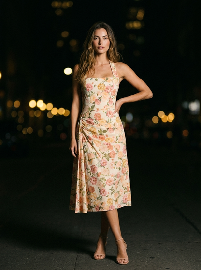 JOLANDA | SQUARE NECK HALTER MIDI DRESS - Peach Floral