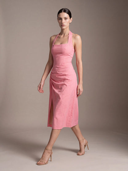 JOLANDA | SQUARE NECK HALTER MIDI DRESS - Pink