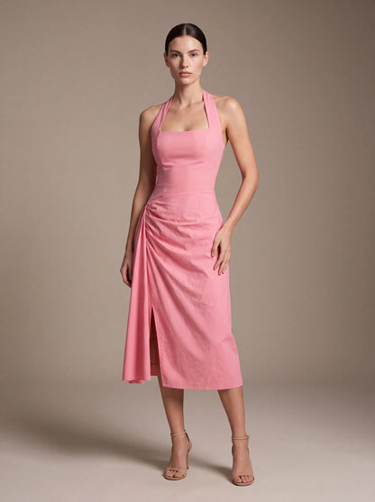 JOLANDA | SQUARE NECK HALTER MIDI DRESS - Pink