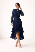JOSEFA | PLEATED RUFFLE MIDI DRESS - Navy