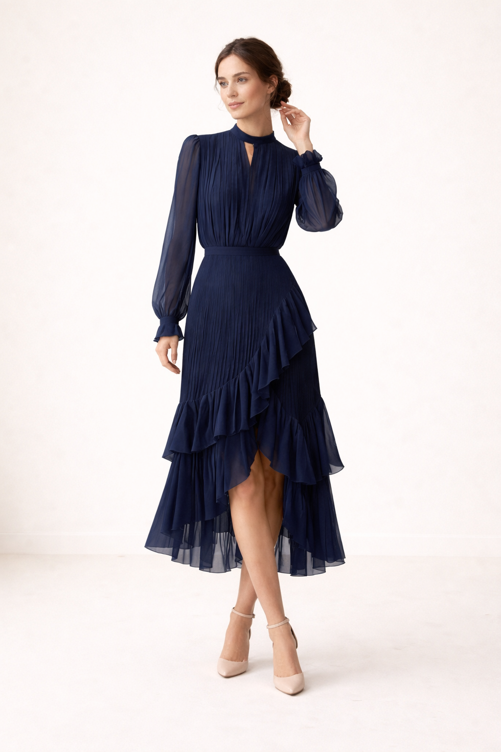 JOSEFA | PLEATED RUFFLE MIDI DRESS - Navy