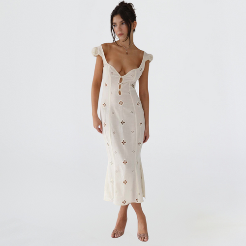 JOSETTE | EYELET CAP SLEEVE MIDI DRESS - Ivory