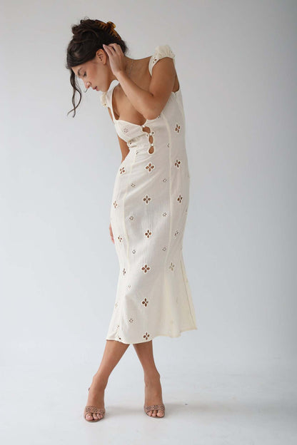JOSETTE | EYELET CAP SLEEVE MIDI DRESS - Ivory