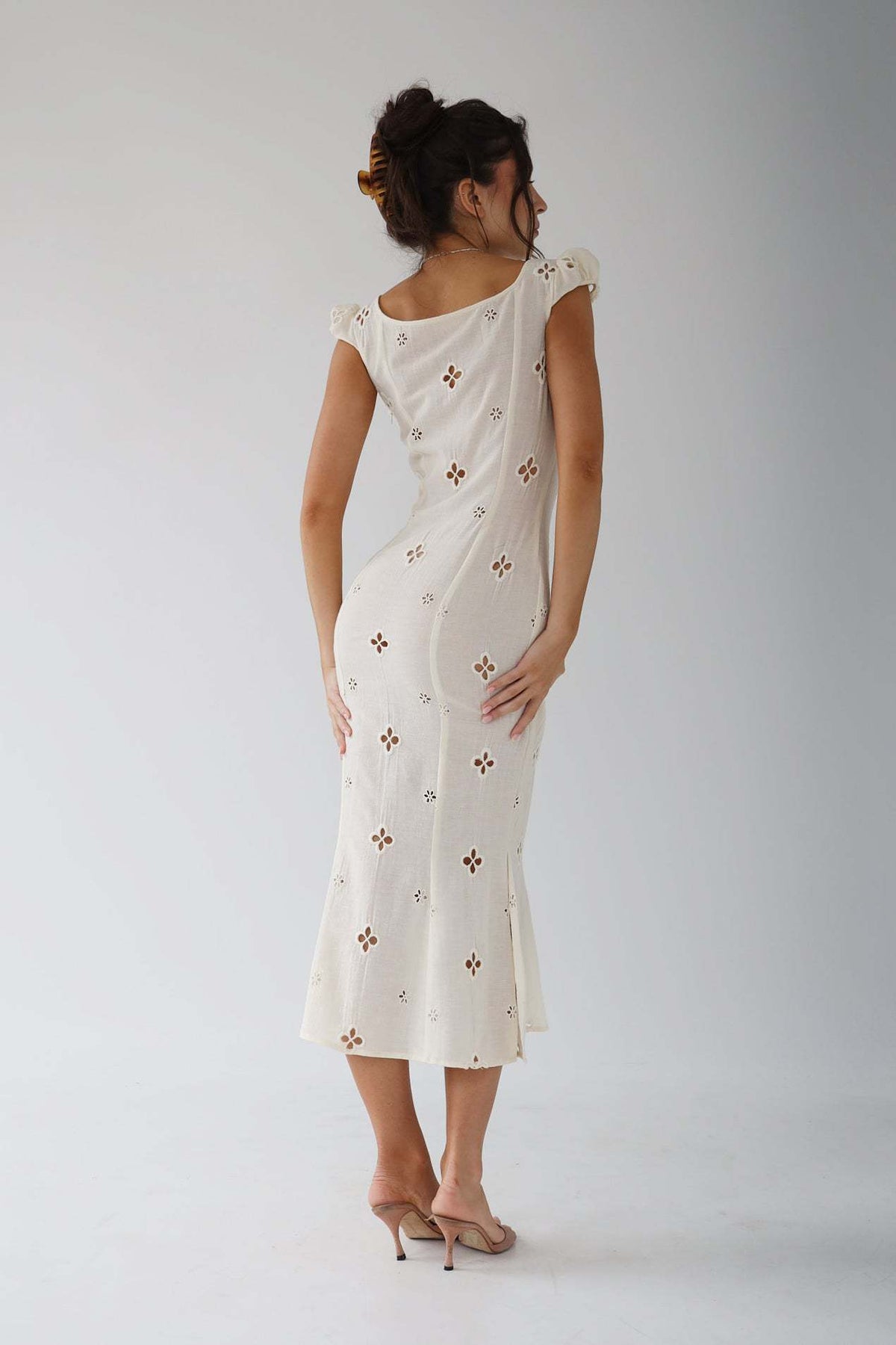JOSETTE | EYELET CAP SLEEVE MIDI DRESS - Ivory