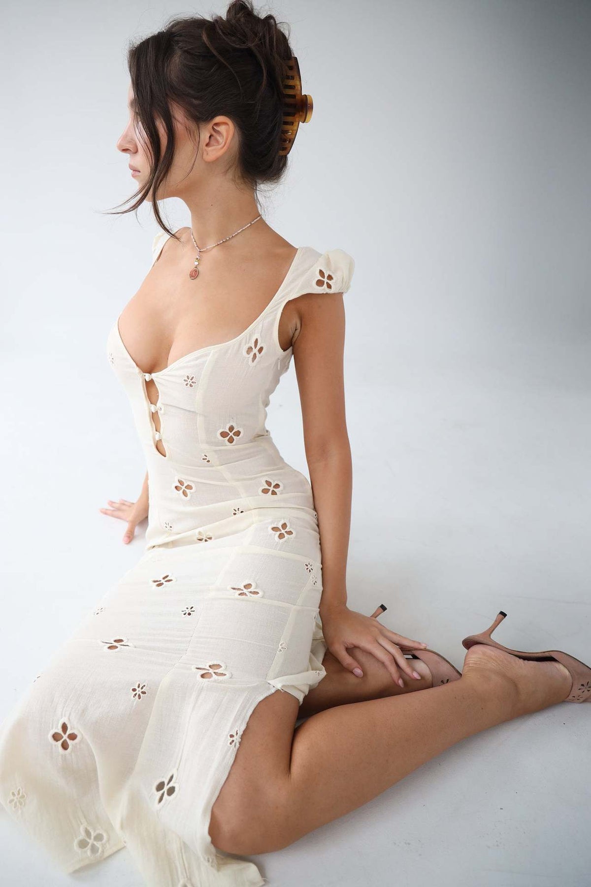 JOSETTE | EYELET CAP SLEEVE MIDI DRESS - Ivory