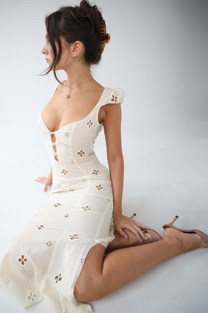 JOSETTE | EYELET CAP SLEEVE MIDI DRESS - Ivory