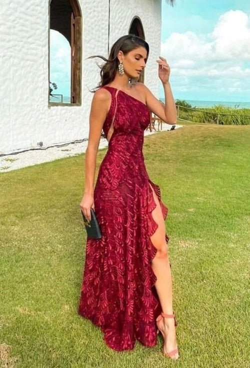 JOSIANE | ONE SHOULDER LACE MAXI DRESS - Wine