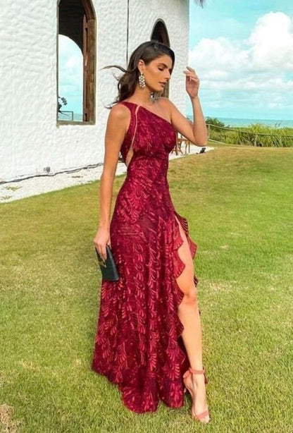 JOSIANE | ONE SHOULDER LACE MAXI DRESS - Wine