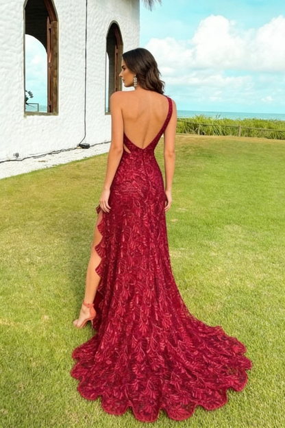 JOSIANE | ONE SHOULDER LACE MAXI DRESS - Wine
