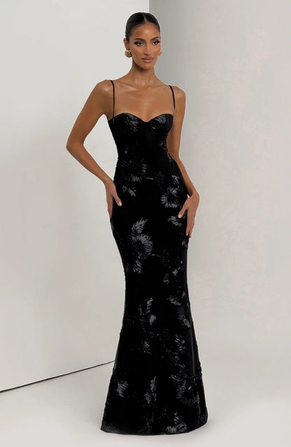 Black floral corset maxi dress with sweetheart neckline and spaghetti straps