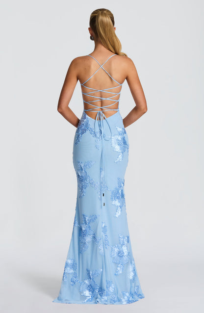 Back view of light blue floral maxi dress with lace-up corset back detail