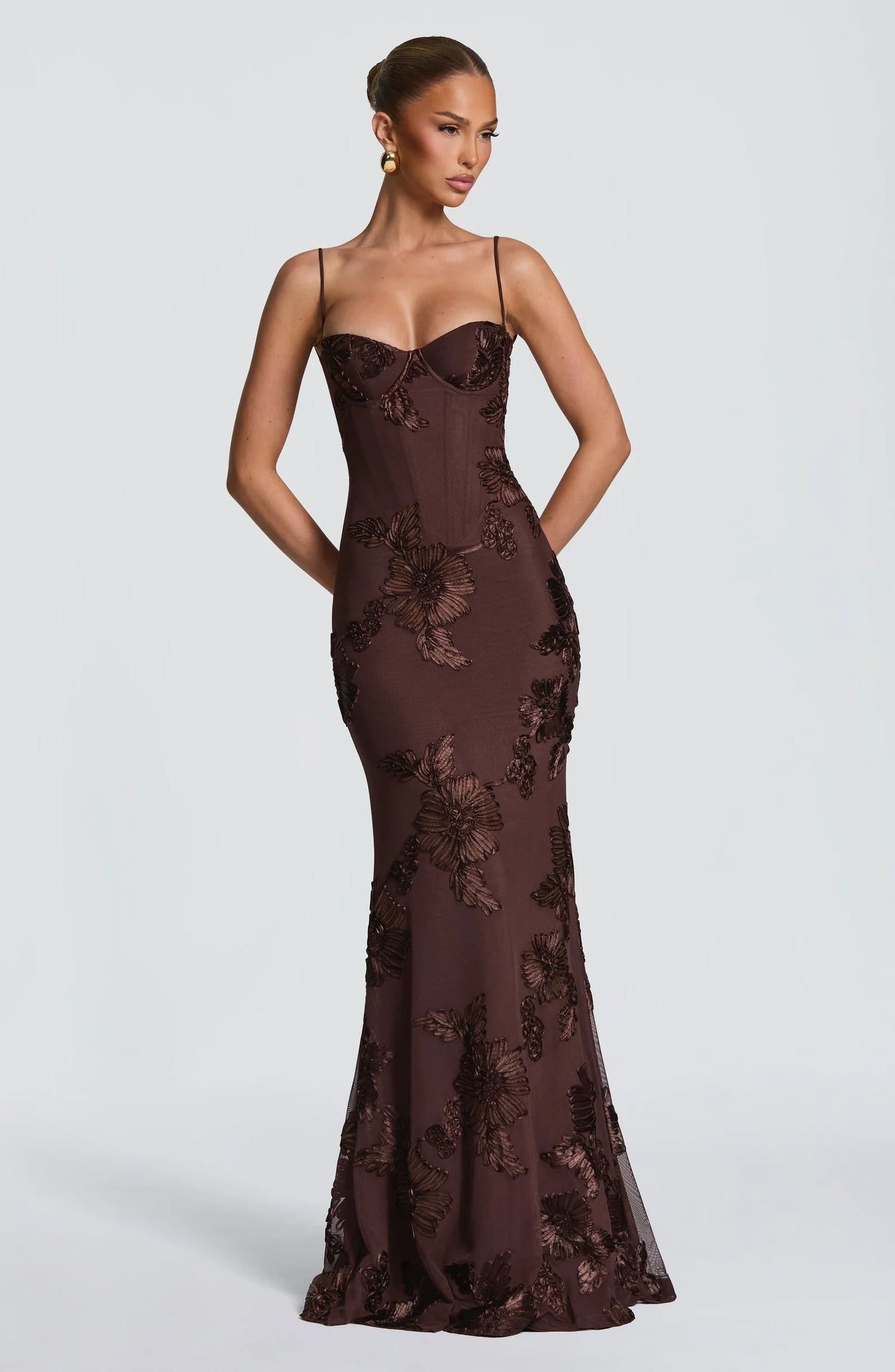Chocolate brown floral corset maxi dress with sweetheart neckline