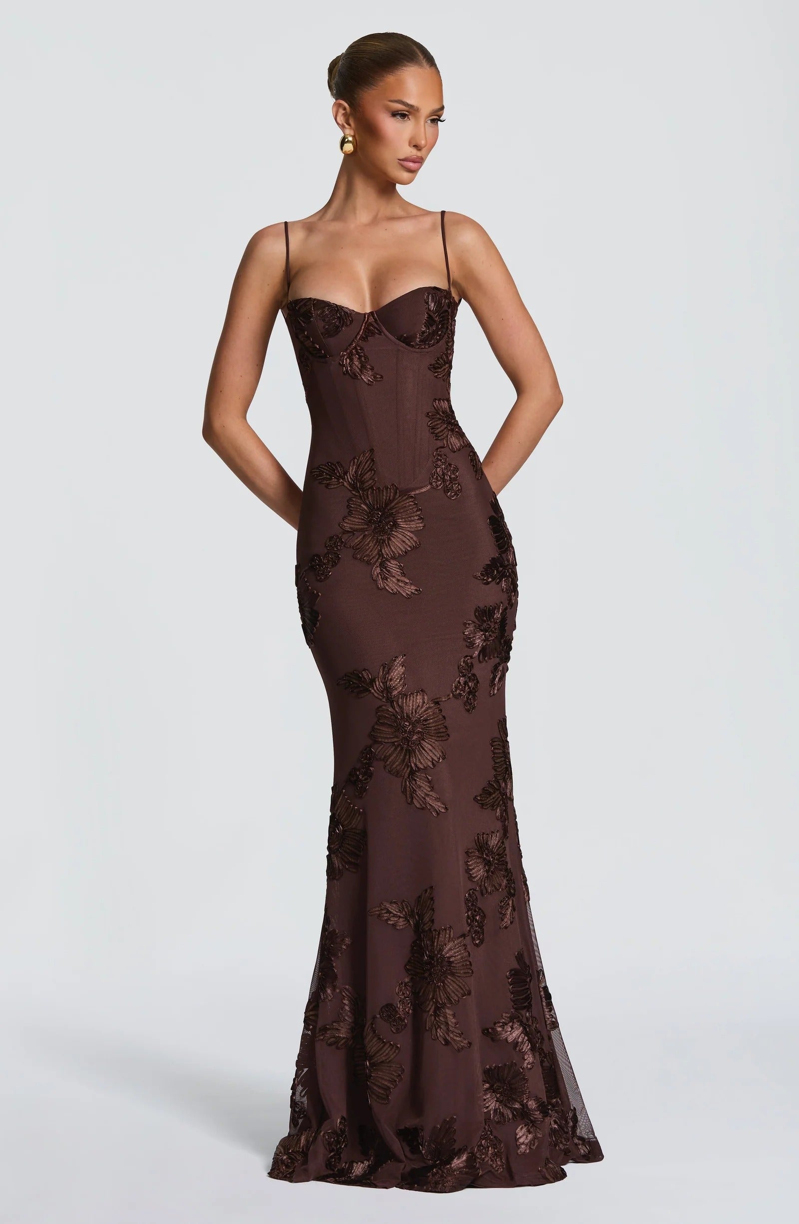 Chocolate brown floral corset maxi dress with sweetheart neckline