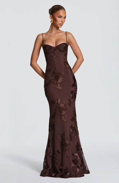Chocolate brown floral corset maxi dress with sweetheart neckline