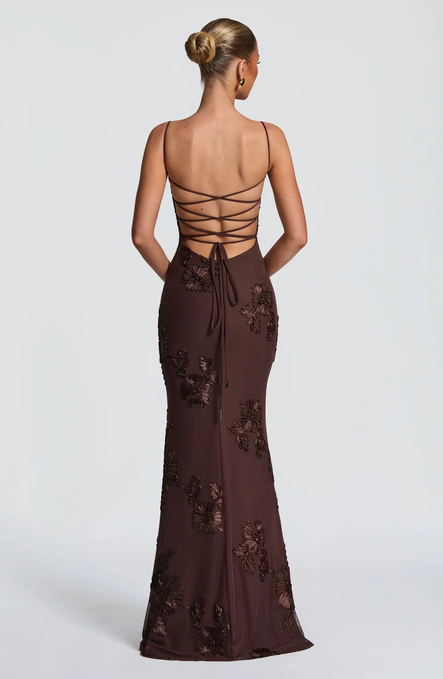 Brown floral corset maxi dress with lace-up back detail
