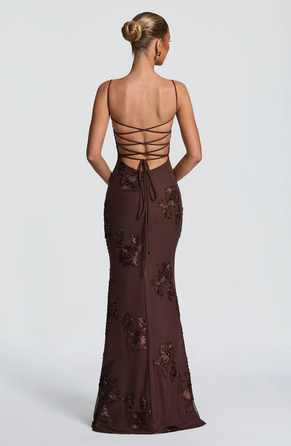 Brown floral corset maxi dress with lace-up back detail