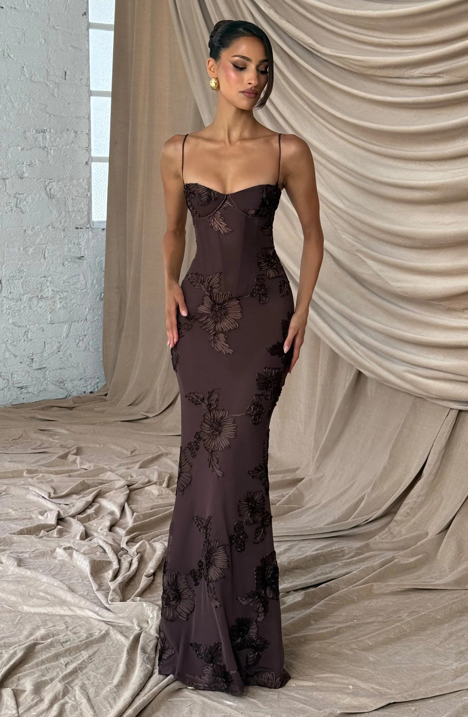 Dark brown floral corset maxi dress with thin straps