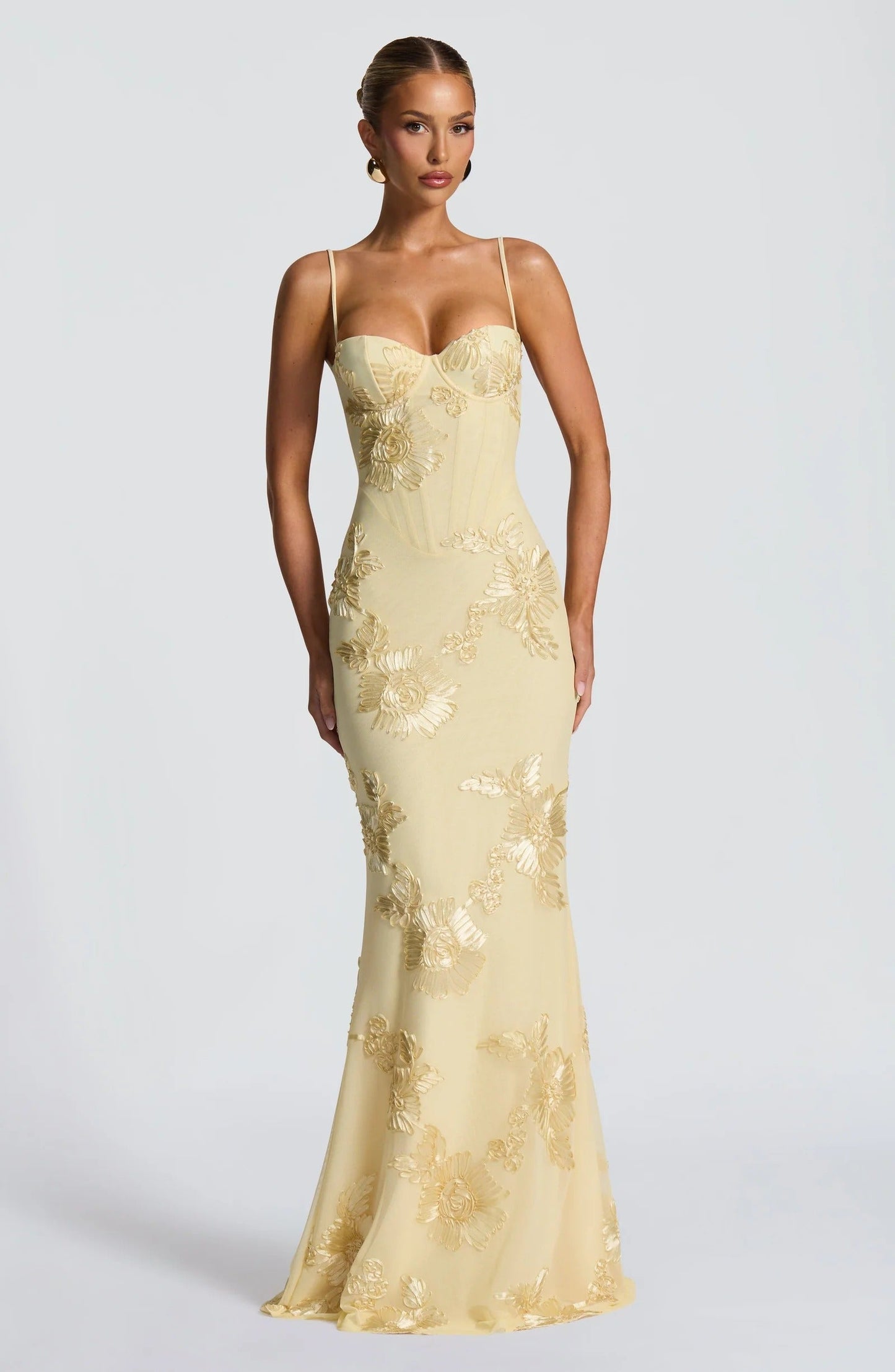Cream floral embroidered corset maxi dress full length