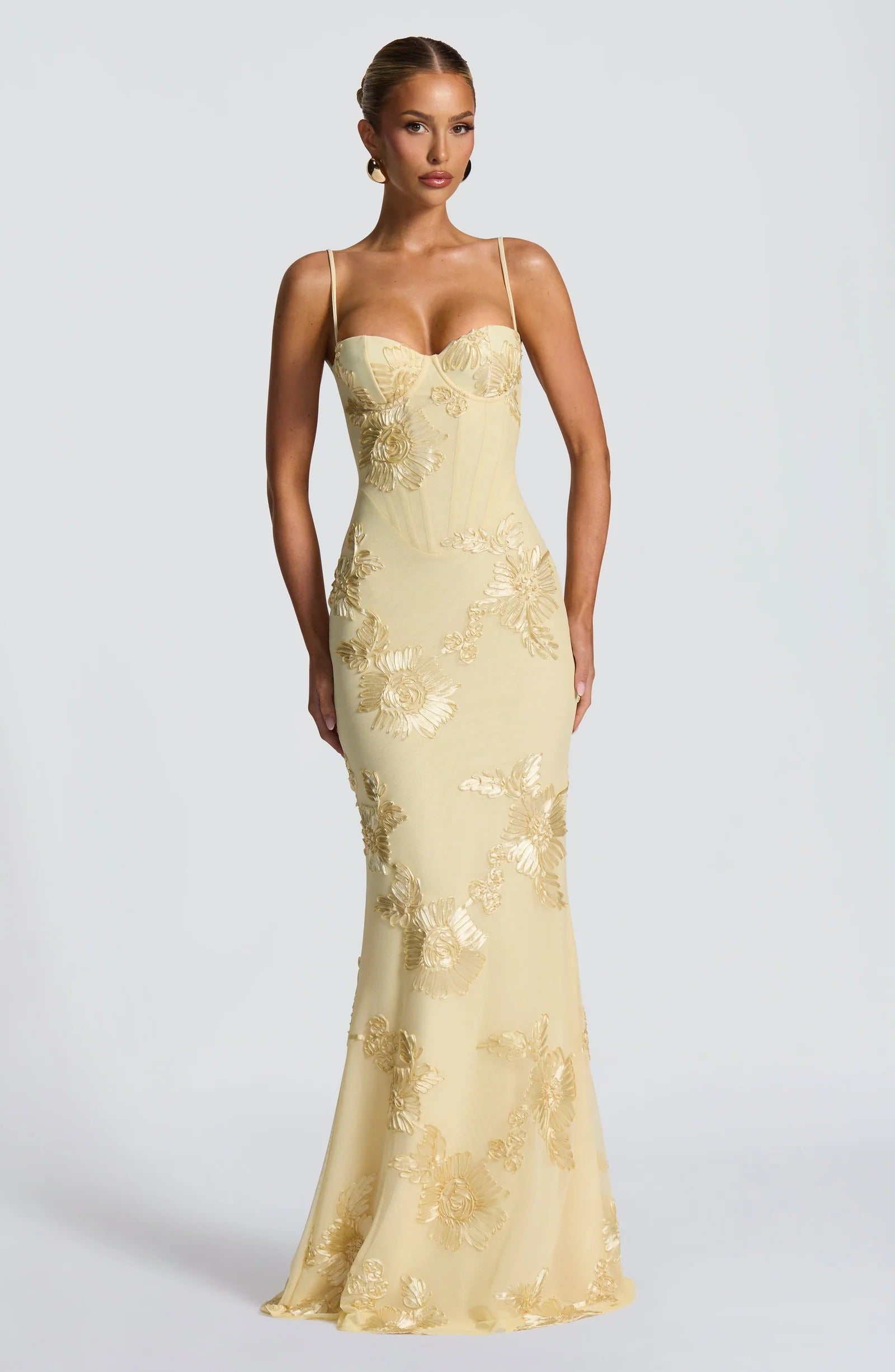 Cream floral embroidered corset maxi dress full length