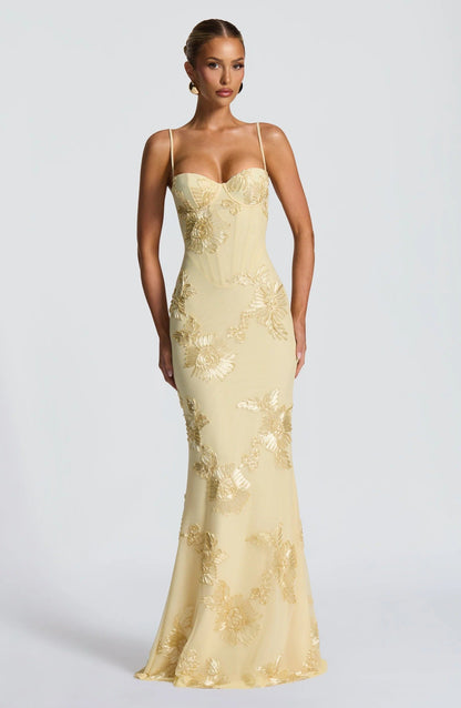 Cream floral embroidered corset maxi dress full length