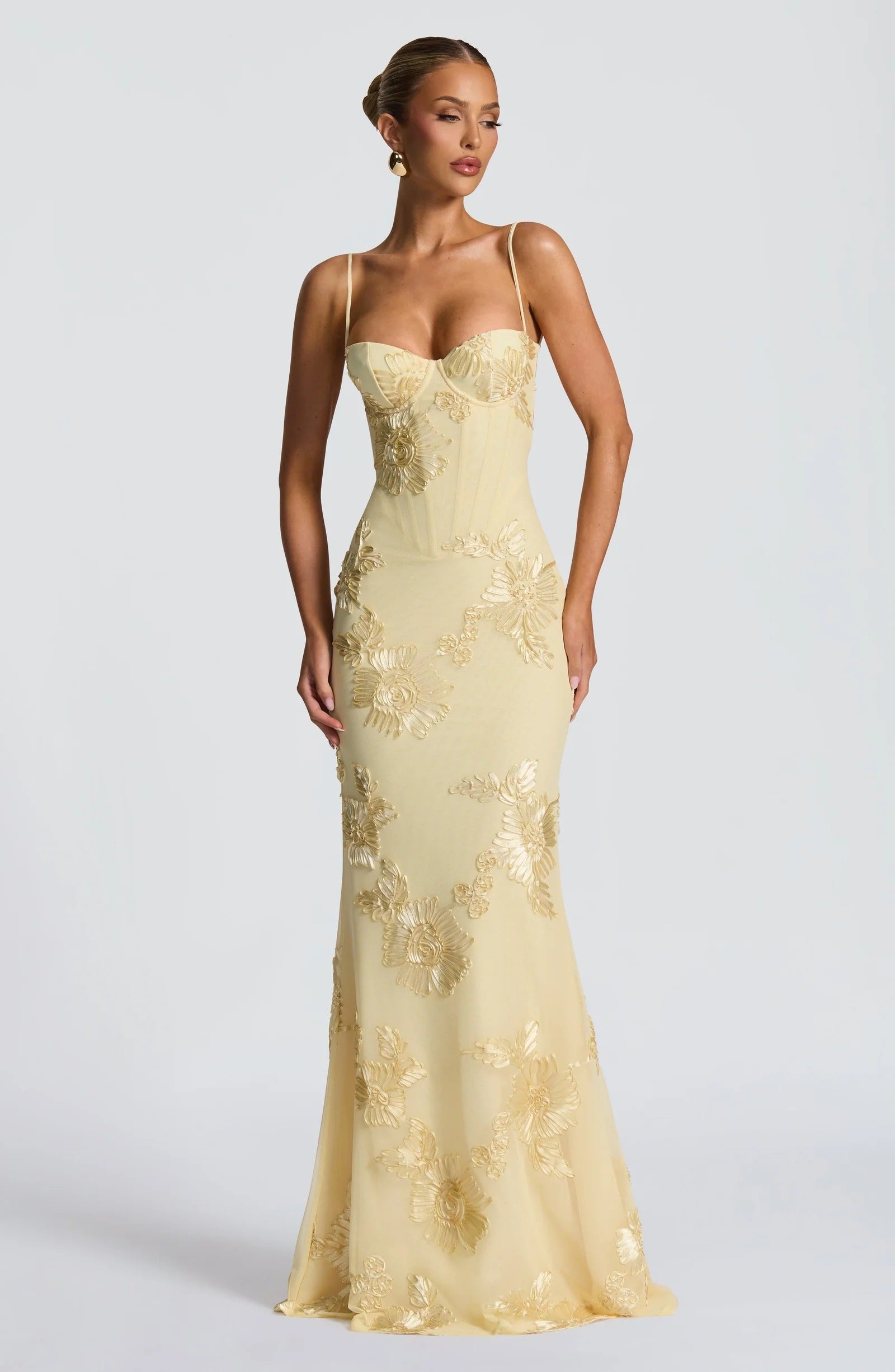 Light yellow floral corset maxi dress spaghetti straps