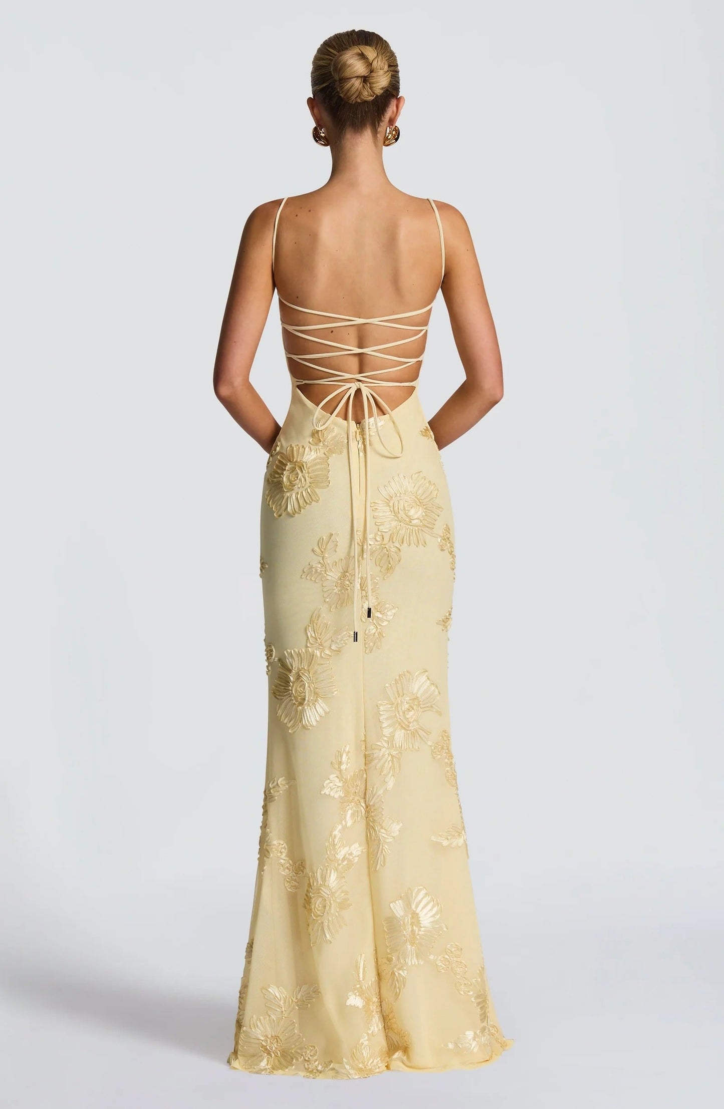 Cream floral corset maxi dress with lace-up back detail