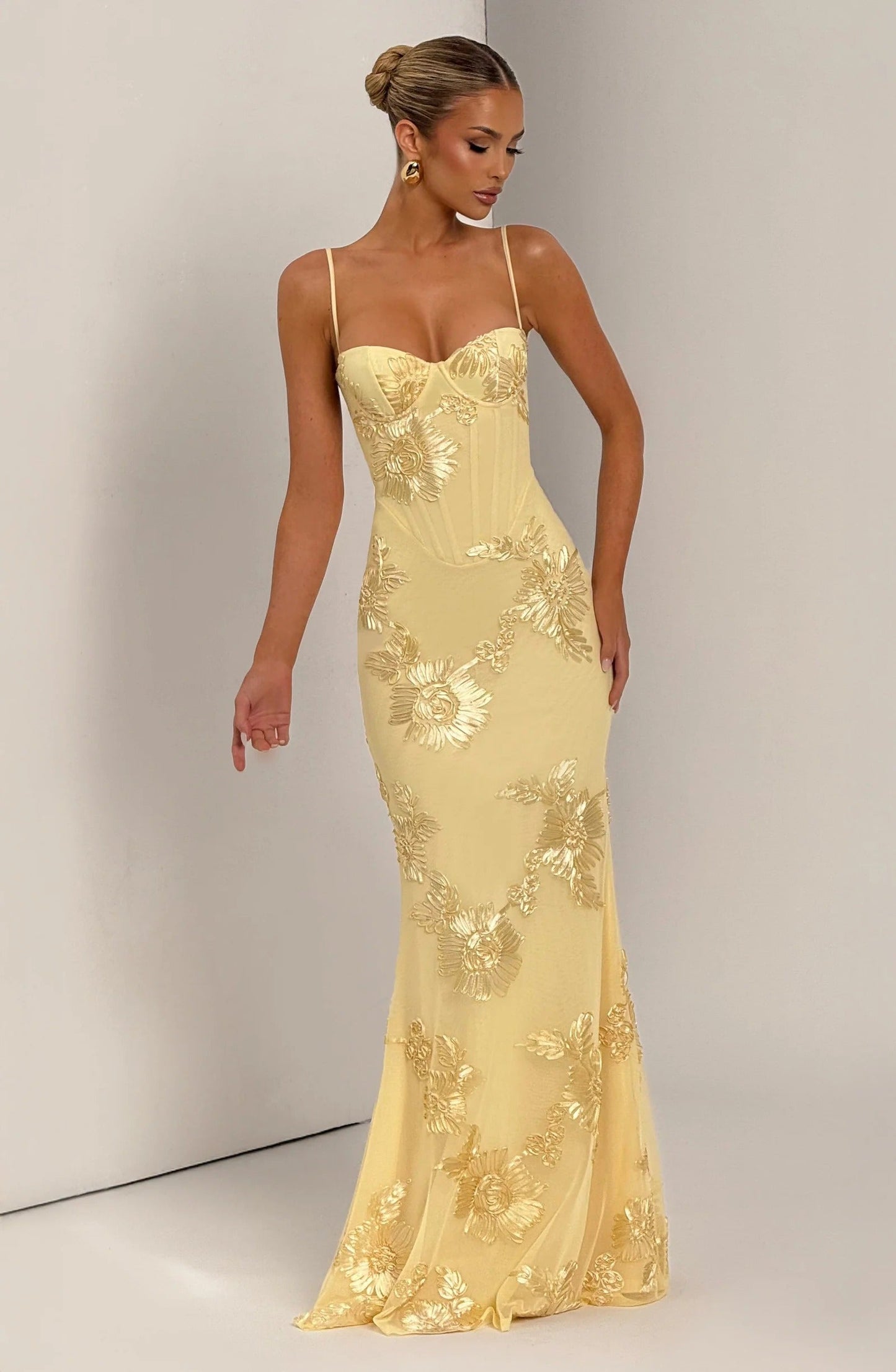 Butter yellow floral embroidered corset maxi dress side view