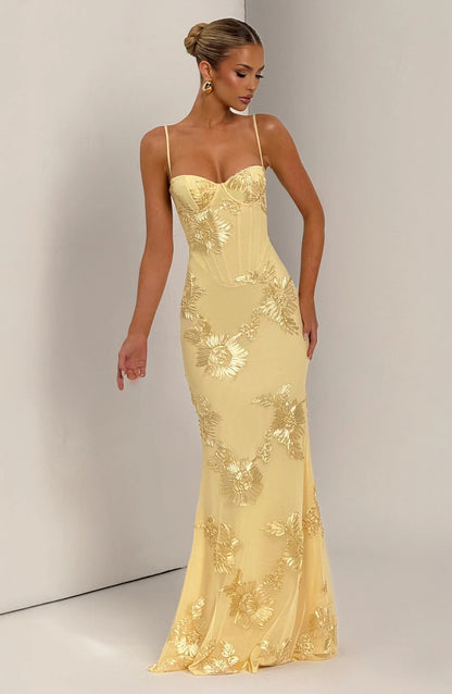 Butter yellow floral embroidered corset maxi dress side view