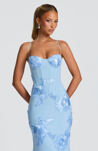 Light blue floral corset maxi dress with sweetheart bustier neckline