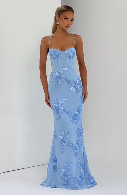Full length light blue floral corset maxi dress front view