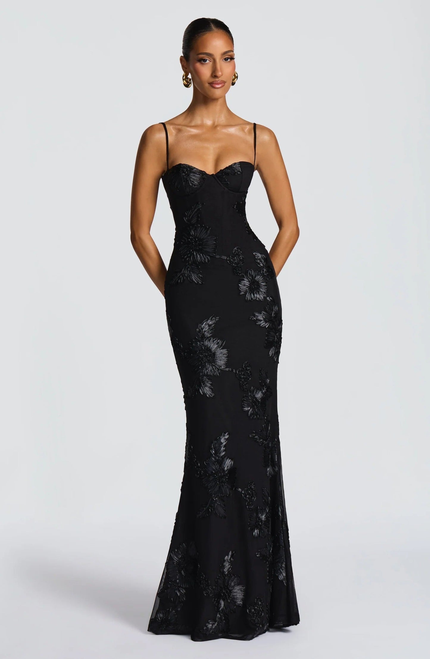 Black floral embroidered corset maxi dress with sweetheart neckline