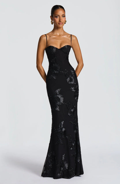 Black floral embroidered corset maxi dress with sweetheart neckline