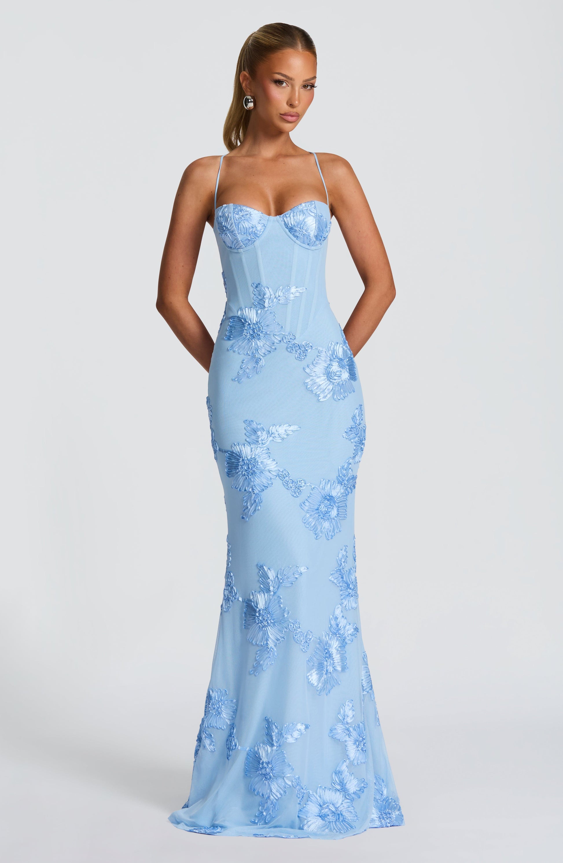 Light blue floral corset maxi dress with sweetheart neckline and spaghetti straps