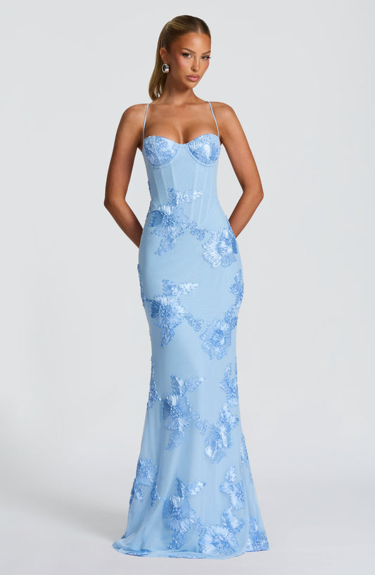 Light blue floral corset maxi dress with sweetheart neckline and spaghetti straps