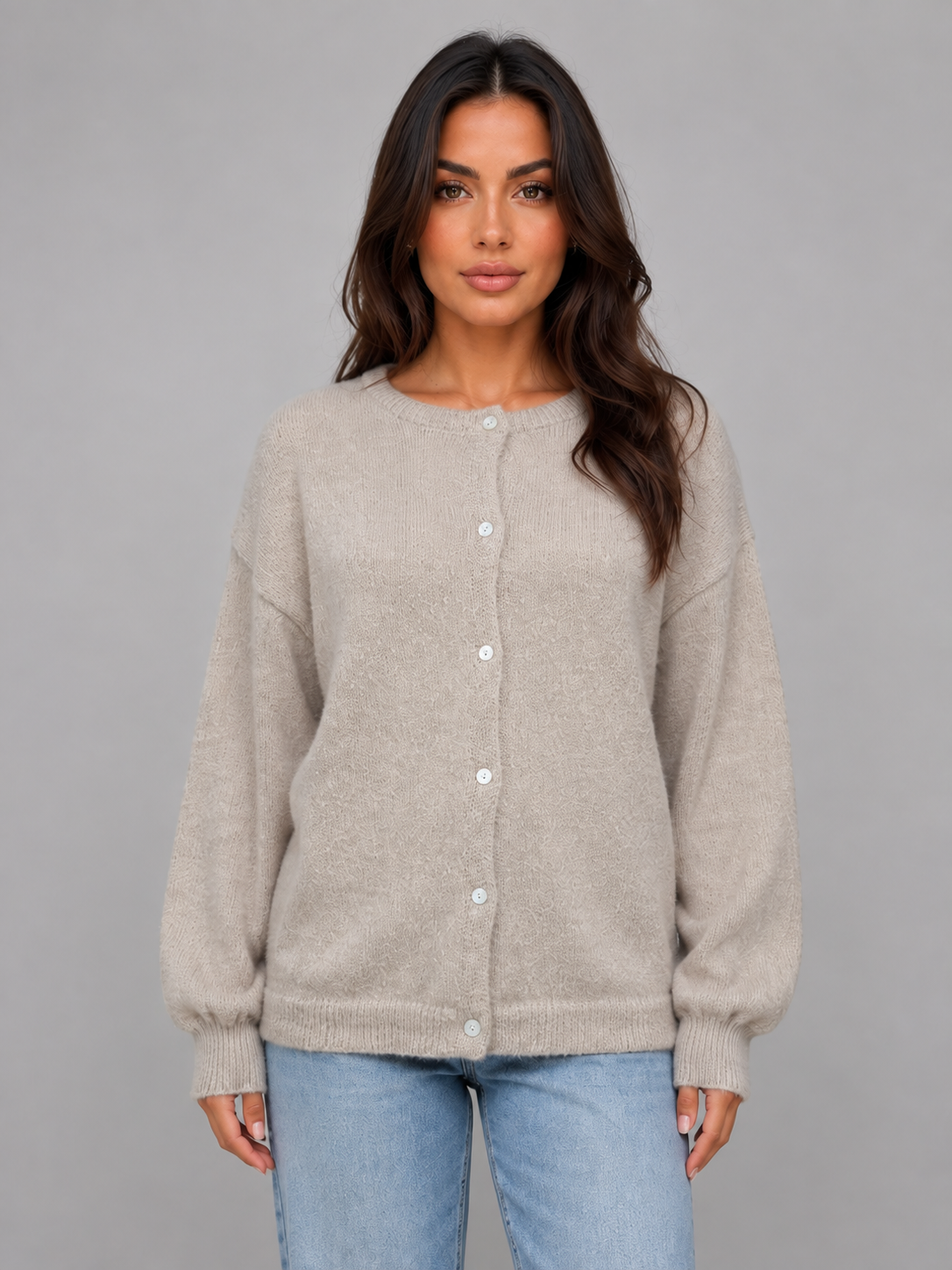 JULEEN | BUTTON FRONT KNIT CARDIGAN - Taupe