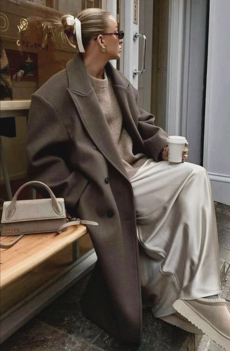 Mocha brown long coat with wide lapels and button details