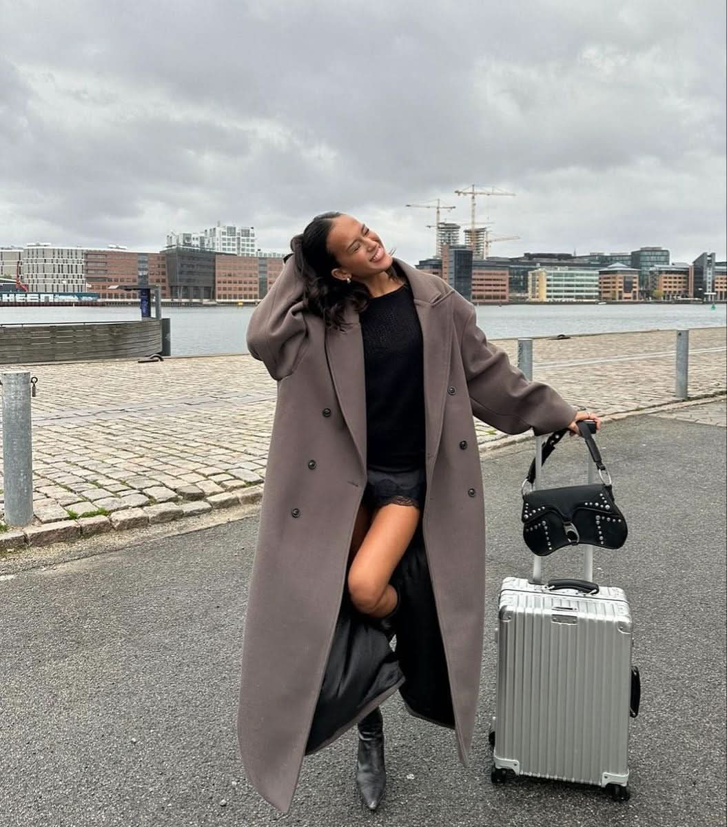 Taupe long coat double-breasted style with oversized fit