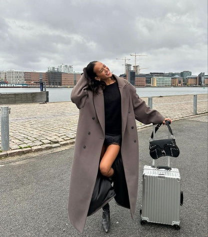 Taupe long coat double-breasted style with oversized fit
