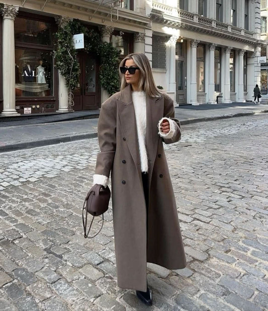 Taupe double-breasted long coat with notch lapels and button closure
