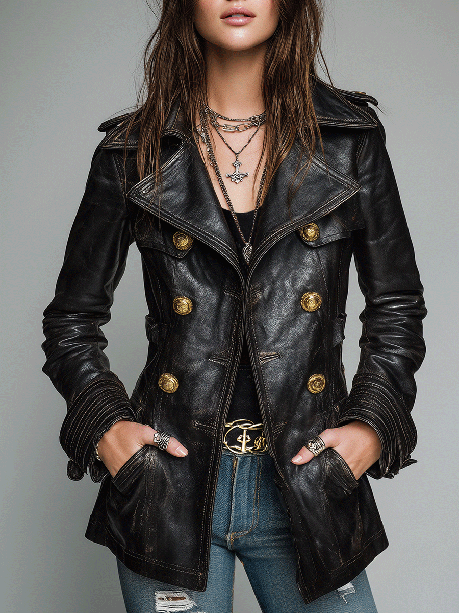 KADENCE | DOUBLE-BREASTED LEATHER-LOOK MILITARY JACKET - Black