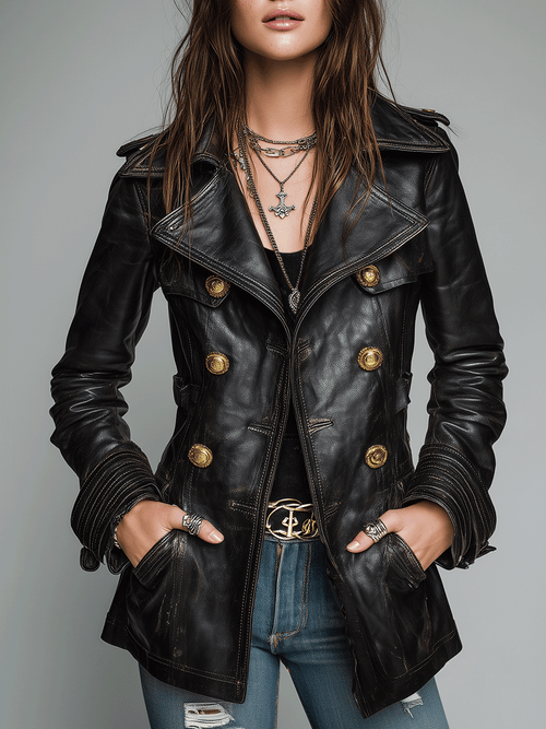KADENCE | DOUBLE-BREASTED LEATHER-LOOK MILITARY JACKET - Black