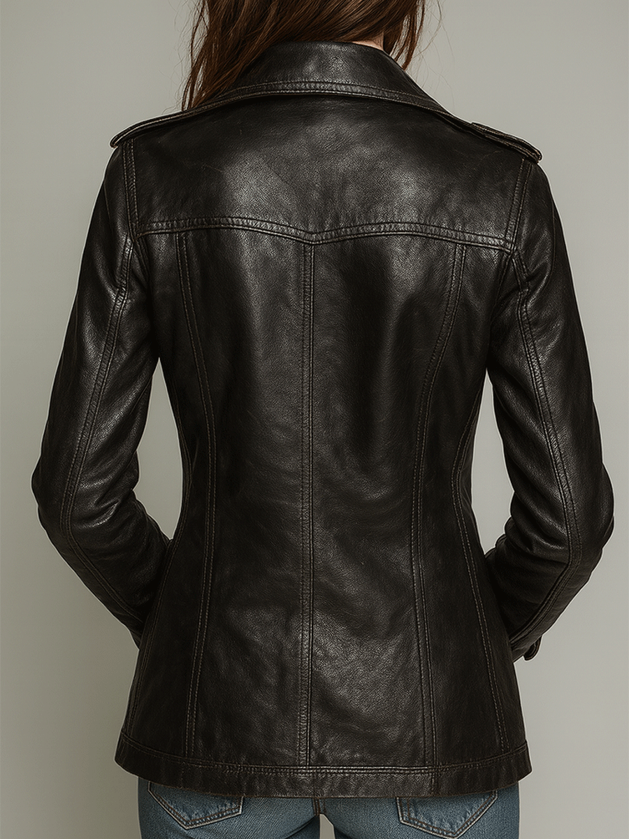KADENCE | DOUBLE-BREASTED LEATHER-LOOK MILITARY JACKET - Black