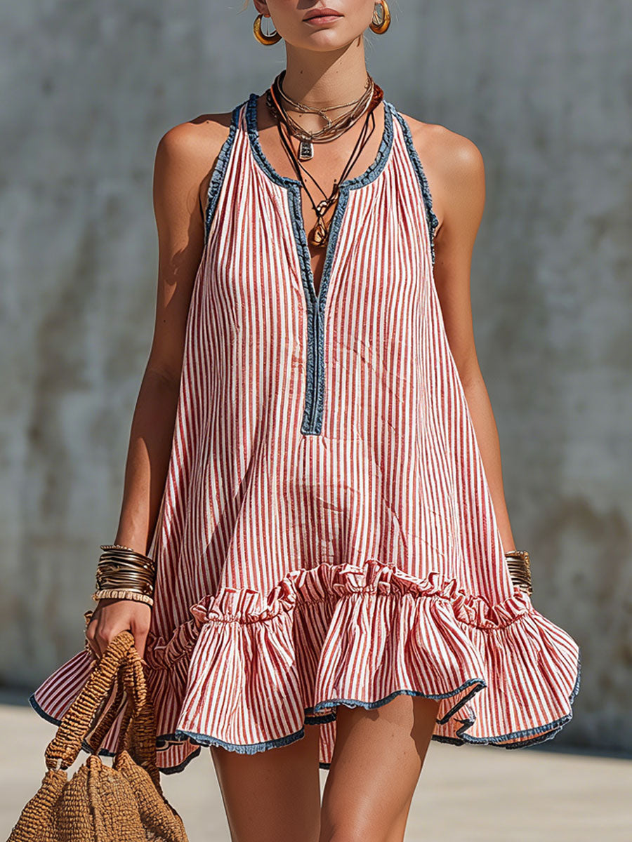 KAELA | STRIPED FRILL MINI DRESS - Red and White Stripe