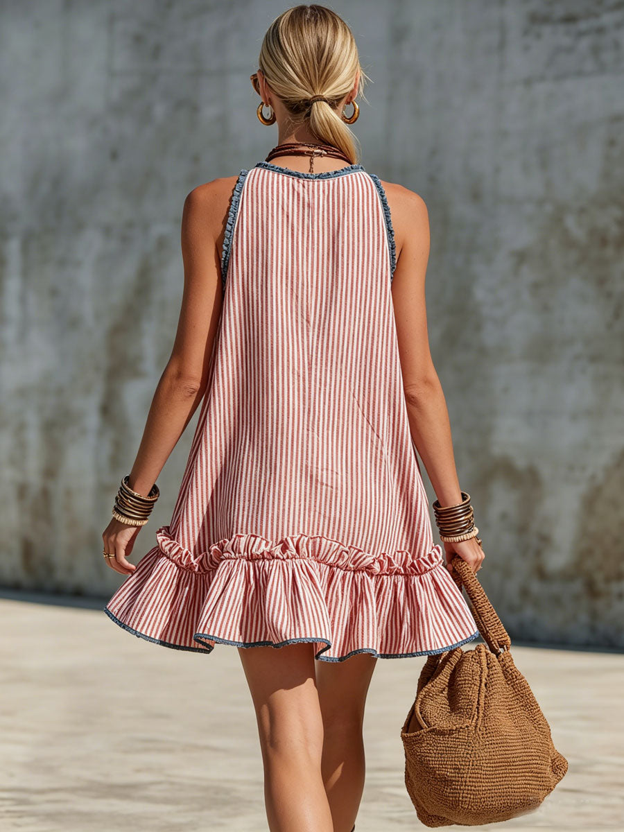 KAELA | STRIPED FRILL MINI DRESS - Red and White Stripe