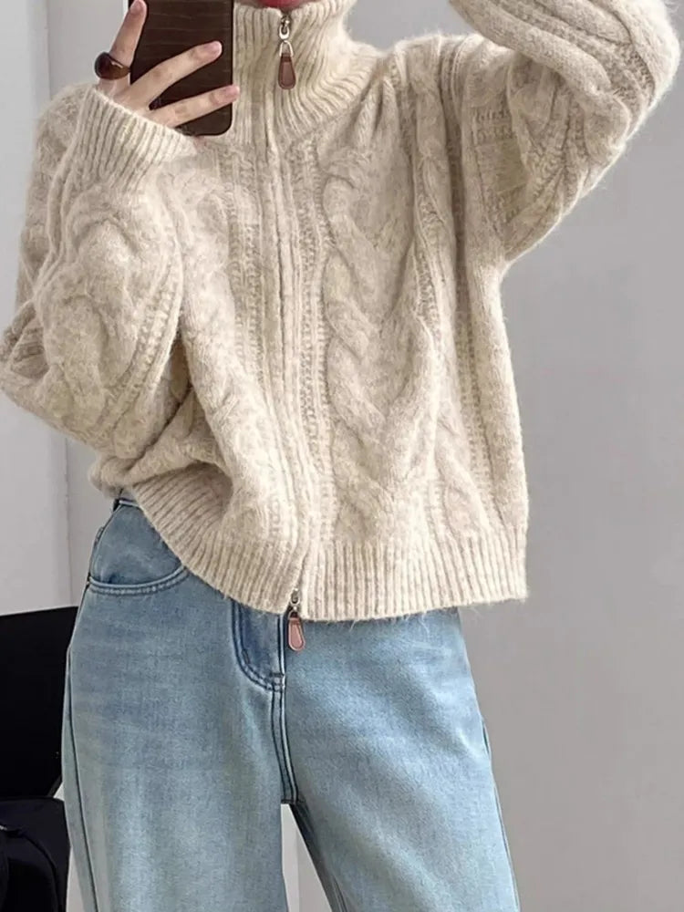 KALEA | CABLE KNIT ZIP SWEATER - Beige