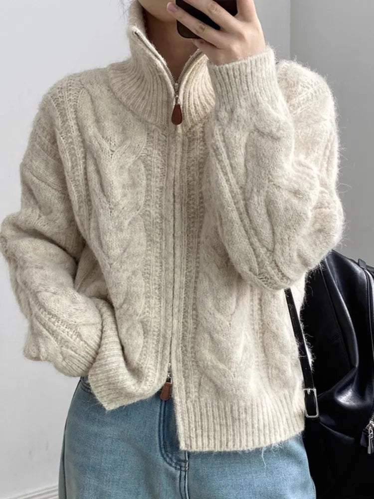 KALEA | CABLE KNIT ZIP SWEATER - Beige