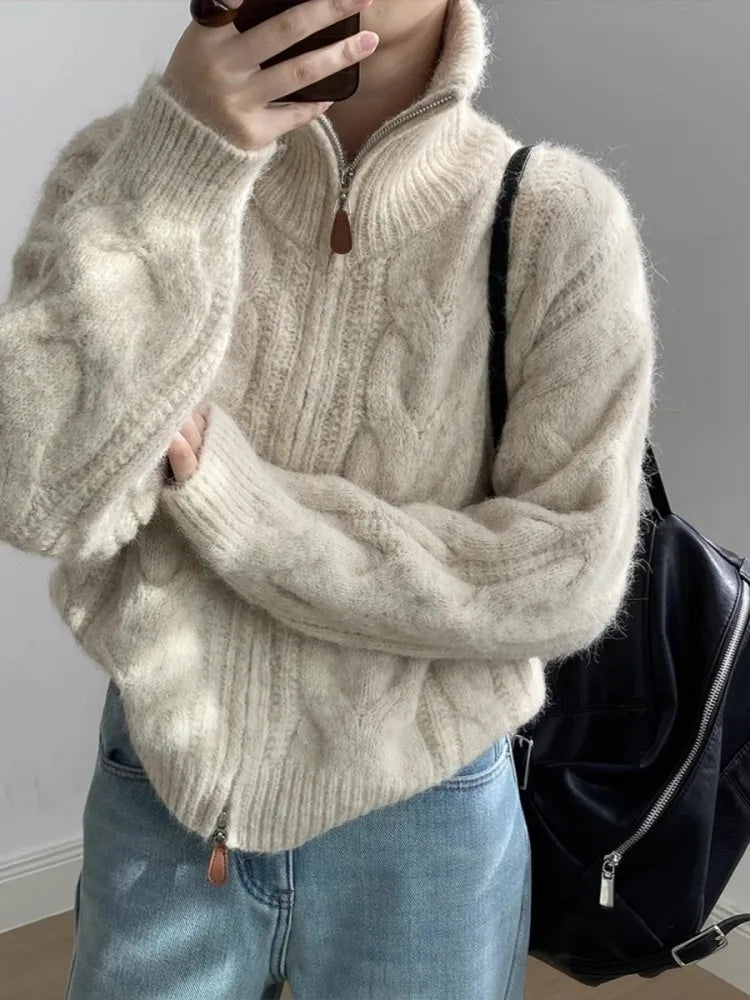 KALEA | CABLE KNIT ZIP SWEATER - Beige